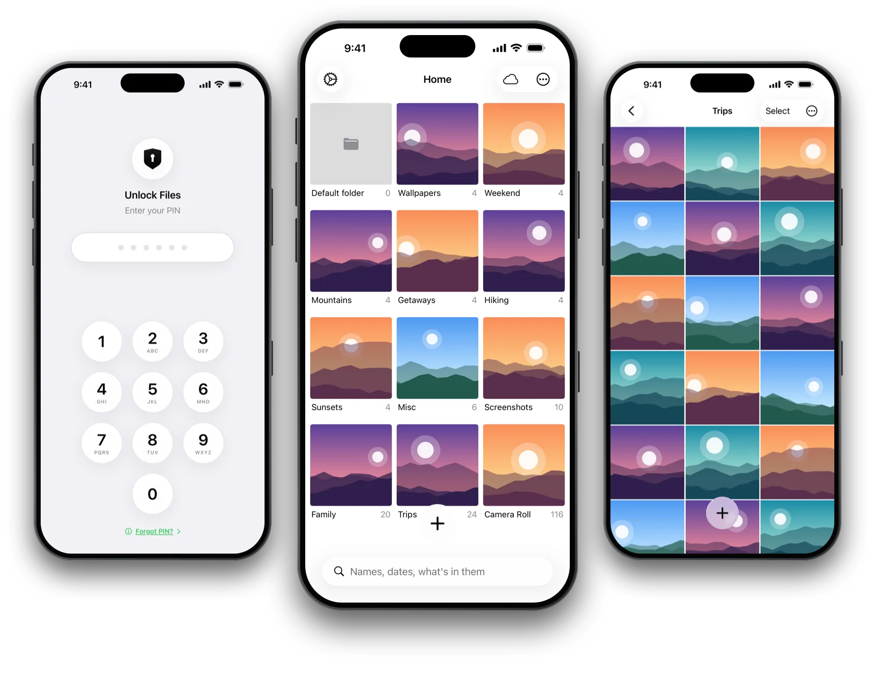 SwiftLocker on three iPhones: the PIN lock screen, Home with folders of photos, and a folder of photos