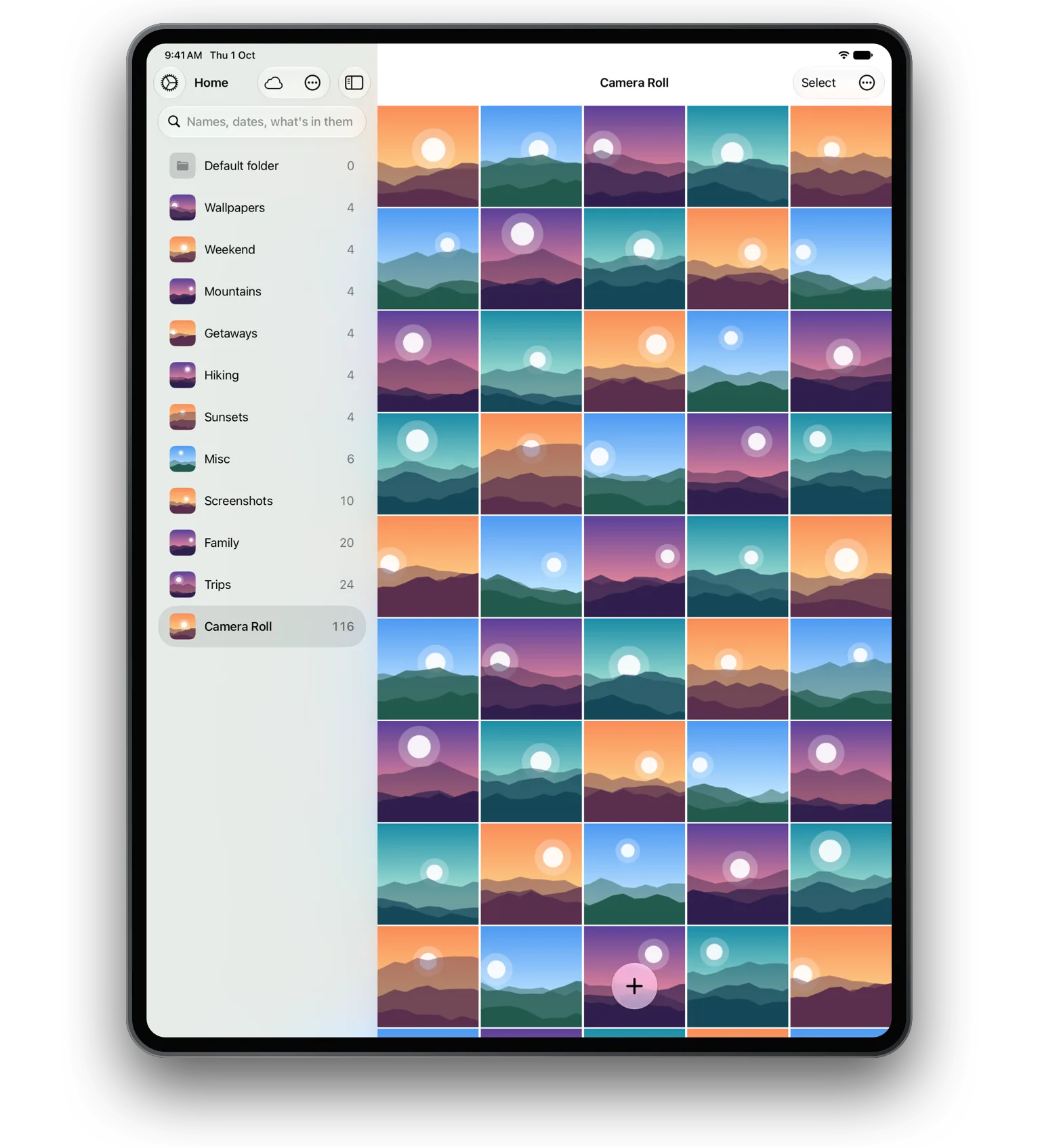 SwiftLocker on iPad with folders in a sidebar beside a grid of photos