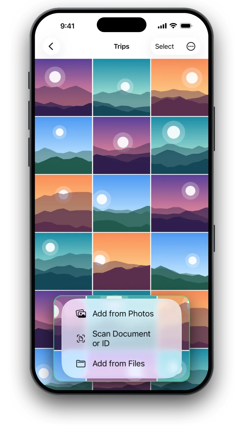SwiftLocker's add menu: Add from Photos, Scan Document or ID, Add from Files