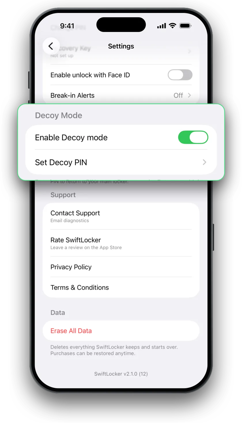 SwiftLocker's settings with Decoy Mode turned on and Set Decoy PIN