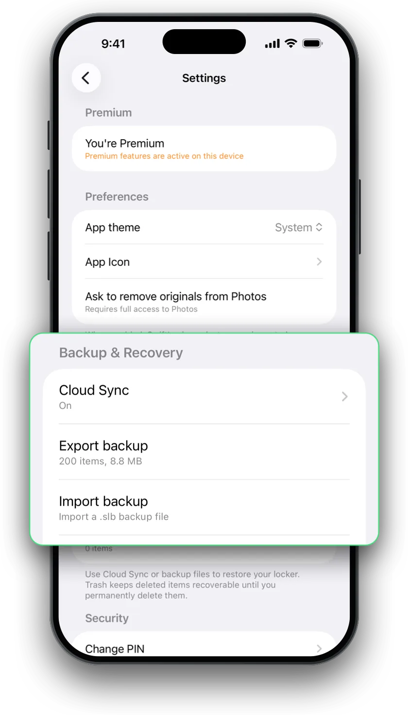 SwiftLocker's Backup and Recovery settings: Cloud Sync, Export backup, Import backup